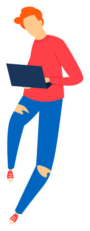Casual young man standing using laptop vector illustration. Red shirt blue jeans digital device male character design. Graphic technology remote work isolated white backgroundのイラスト素材