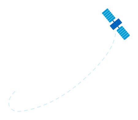 Small blue satellite orbiting earth dotted line path isolated background. Blue satellite transmitting signal curved line vector illustration. Tech space communications orbiting distantのイラスト素材