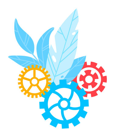 Abstract illustration gears leaves interconnected machine parts isolated white background. Bright cogwheels foliage concept teamwork cooperation. Colorful gears plant leaf synergy unity harmonyのイラスト素材