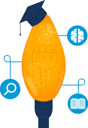 Graduation cap light bulb symbolizes education learning. Illustrations highlight brain, magnifying glass, book, atom, earth scientific academic concepts. Yellow blue vector graphic isolated whiteのイラスト素材