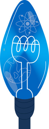 Firm grasp brilliant concept represented, light bulb clenched fist emphasizing ideas, energy, blue background atomic symbol Earth outline illustration. Human ingenuity empowerment displayed symbolicのイラスト素材