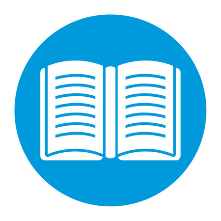 Open book icon blue round background isolated white. Symbol reading knowledge literature open book, book illustration educational study learning contentのイラスト素材