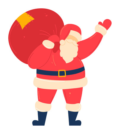 Santa Claus carrying large red sack cheerful holiday isolated white background. Jolly Santa waving red mitten festive Christmas scene art design. Claus classic costume holiday characterのイラスト素材