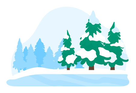 Winter forest landscape dozen coniferous trees covered white snow, snowy backdrop. Serene winter day, tranquil imagery perfect seasonal postcards, holiday banners. Simple minimalist flat art styleのイラスト素材