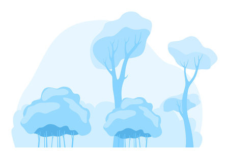 Stylized blue trees abstract landscape, surreal forest representation, graphic background design. Vector art illustration trees varying heights, isolated white background. Naturethemed artworkのイラスト素材