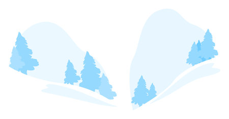 Snowy winter landscape, pine trees covered snowfall, abstract minimalist, vector illustration, isolated white background. Frosty nature scene, silhouette fir trees, light blue color, holidayのイラスト素材