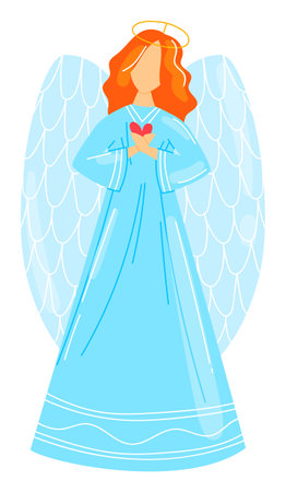 Angel illustration heart gesture, redhead, blue dress, wings, halo, love symbol, celestial being, flat design. Redhead angel making heart sign, peaceful, serene expression, religious figureのイラスト素材
