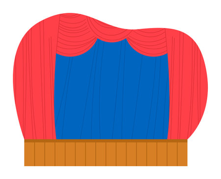 Empty theater stage closed red curtains wooden floor. Red blue stage curtains create setting performances, drama classesのイラスト素材