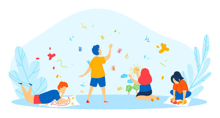 Children playing creative games, drawing, enjoying youth. Boys girls spending time together, childhood fun, leisure, education. Kids engaged play, colorful, joyful, engaging, developmental activityのイラスト素材