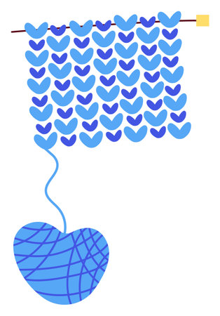 Knitted heart pattern hanging from a twig, concept for handmade love crafts. Blue yarn heart connected to a knit blanket symbolizing love threads.のイラスト素材