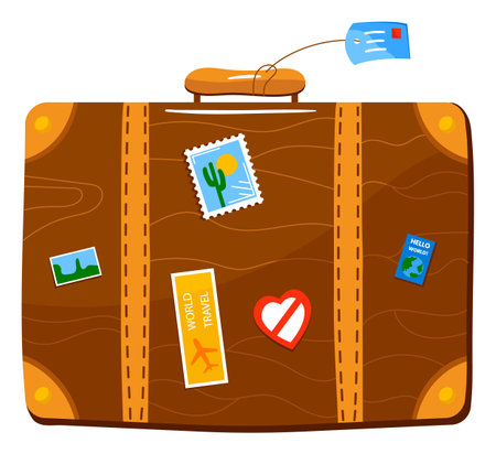 Travel suitcase covered in colorful stickers, signaling a seasoned explorer. Vacation luggage indicating global adventures with symbolic decals.のイラスト素材