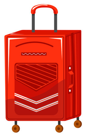 Bright red modern suitcase on wheels, ready for travel and transportation, with sturdy handle. Rolling luggage prepared for adventurous holiday, isolated on white, practical design.のイラスト素材