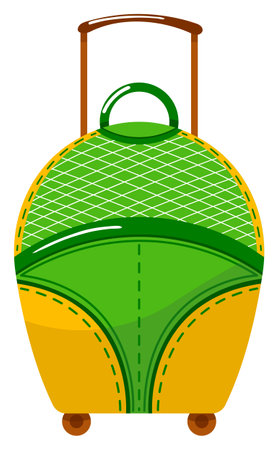 Green and yellow suitcase for summer travel, modern luggage design. Vacation suitcase with wheels and handle, flat style illustration.のイラスト素材
