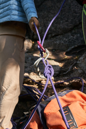 Insurer climber holding a purple safety rope. Figure-eight knot is tied on a dynamic rope and steel carabiners hangの写真素材