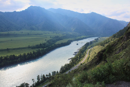 View from above on the mountain river Katun on a summer evening. Altai Republic, Siberia, Russiaの写真素材