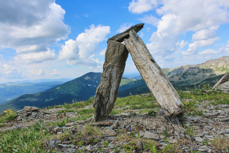 balance of stones in the mountains. summer mountain landscape. Symbol of appeasement, relaxing and calmの写真素材