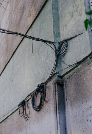 City communications: many wires attached to the wall of the building. Electricity line connected to a residential panel house.の写真素材