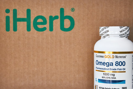 California Gold Nutrition company, Omega 800 Pharmaceutical Grade Fish Oil, EPA DHA, Triglyceride Form. Cardboard box, iHerb logo. Buying vitamins in online store. Bishkek, Kyrgyzstan - 8 Dec 2023のeditorial素材