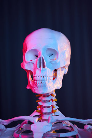 Close-up portrait of an anatomical, medical human skeleton model in neon lighting, on dark background. Skull and neck, pink and blue lightの写真素材