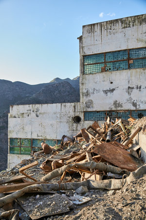 Lead enrichment, Concentrating plant, old cascade factory building in Ak-Tyuz, Kyrgyzstan. Now abandoned, a military-industrial facility from the Soviet Union.の写真素材