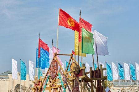 Nooruz celebration, festive flags on Ala-Too city square. Bishkek, Kyrgyzstanの写真素材