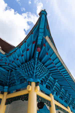 carved wooden roof of Dungan mosque in Karakol, Kyrgyzstan. Travel landmarkの写真素材