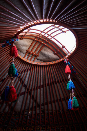 National symbol of Kyrgyzstan - tunduk, upper part of kyrgyz yurt, view from inside. nomad homesの写真素材