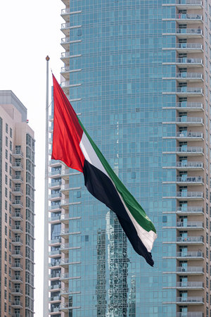 Flag of the United Arab Emirates, national symbol. UAE, Dubai city.