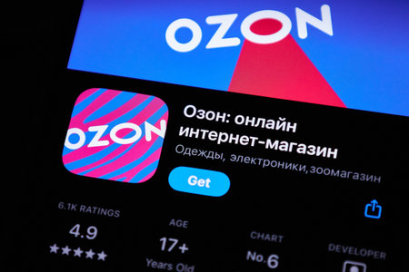 Ozon mobile app with get button in the App store on iPhone. Bishkek, Kyrgyzstan - 1 OCT 2025のeditorial素材