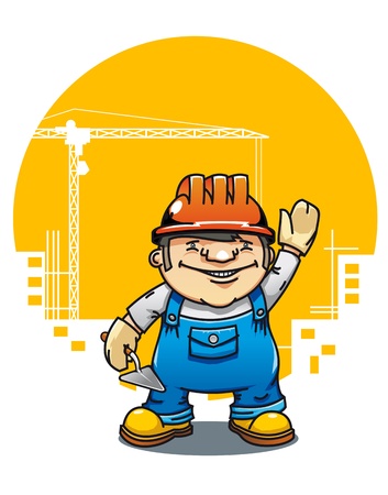 Smiling cartoon builder with tools on building construction のイラスト素材