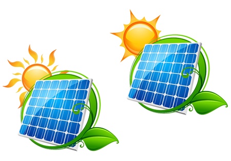 Solar energy panel icon with sun and green leaves for ecology or innovation conceptのイラスト素材