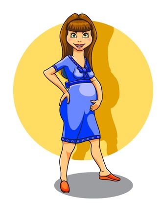 Cheerful pregnant young woman in cartoon style for health and medical conceptのイラスト素材