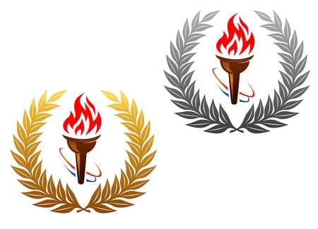 Flaming torch in golden and silver laurel wreath for sports designのイラスト素材