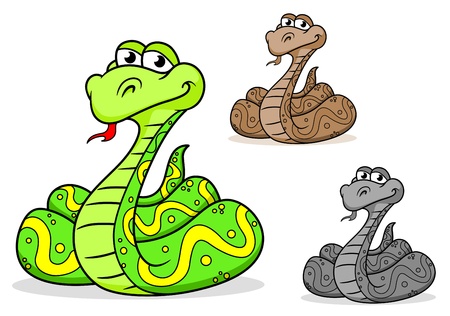 Cartoon python snake in three variations isolated on white backgroundのイラスト素材