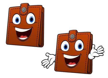 Smiling brown leather purse with hands in cartoon style for home finance concept designのイラスト素材
