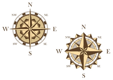 Two vintage compasses in medieval style for travel or another concept designのイラスト素材