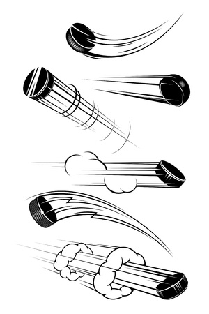 Flying hockey pucks set in cartoon style for sports designのイラスト素材