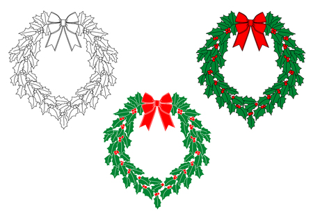 Christmas wreath with holly, berries and ribbons for holiday designのイラスト素材
