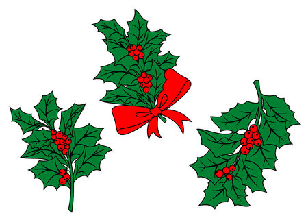 Christmas holly branch with ribbon and red berries for holiday designのイラスト素材