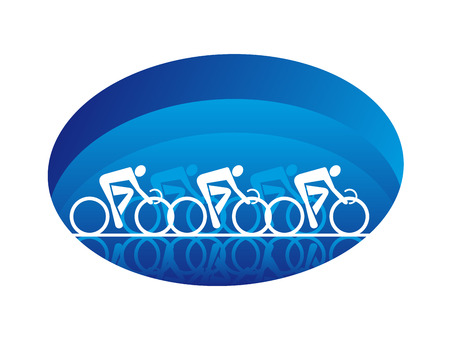 Abstract illustration of the white silhouettes of three racing cyclists on an oval blue shape, isolated on white backgroundのイラスト素材