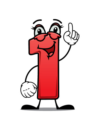 Cute number 1 character with a happy smiling face pointing in the air with his body composed of the red numeral for a kids birthday party invitation or greeting cardのイラスト素材