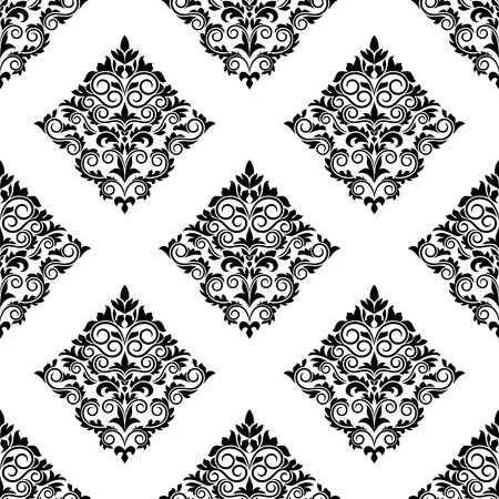 Geometric arabesque seamless black and white silhouette pattern with ornate floral diamond shaped motifs in white bordersのイラスト素材