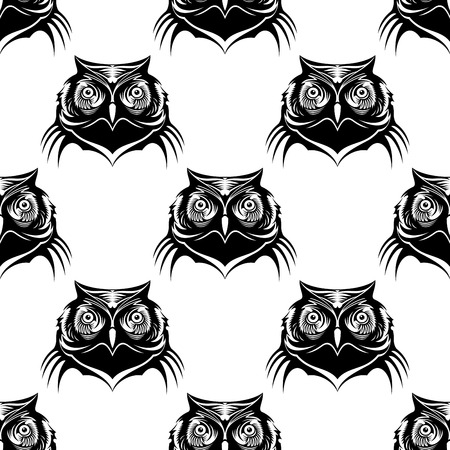 Seamless pattern of an owl head in black and whiteのイラスト素材
