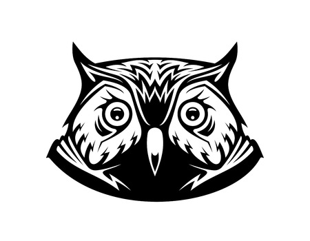 Black and white vector illustration of the head a wise old owl looking directly at the viewer, on whiteのイラスト素材