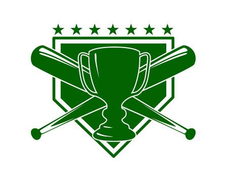 Baseball symbol or emblem in green with crossed bats and a cup over a shield with stars, vector illustration isolated on whiteのイラスト素材