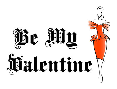 Retro woman  My Valentine design with vintage black and white text and a glamorous stylized lady in a red party dress on whiteのイラスト素材