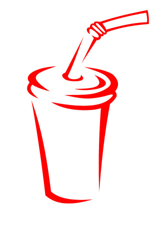 Vector cartoon illustration of a fastfood or takeaway soda drink in a polystyrene cup with a straw, outline doodle sketchのイラスト素材