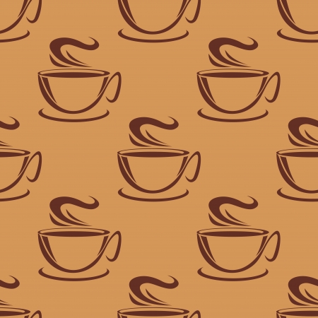 Seamless pattern of cups of steaming coffee or tea on a brown background, vector doodle sketchのイラスト素材