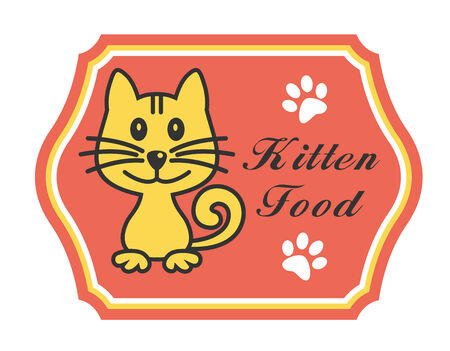 Pretty kitten food label with a cute little kitty cat sitting smiling on a pink label with paw prints and textのイラスト素材