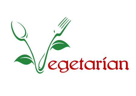 Conceptual vegetarian food icon with red text and the V formed of a spoon and fork in a stylized vine pattern with leaves in greenのイラスト素材